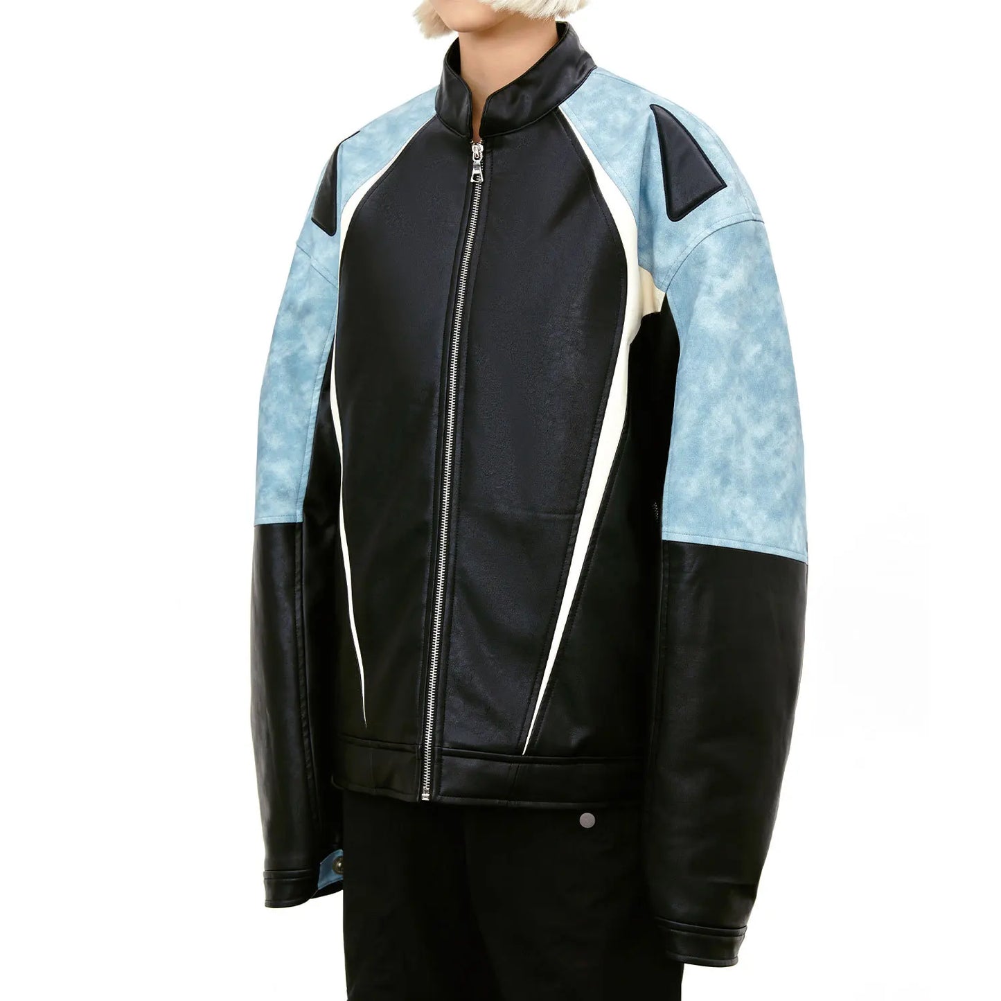 MADEEXTREME Thickened Contrast Colored Panel Leather Jacket