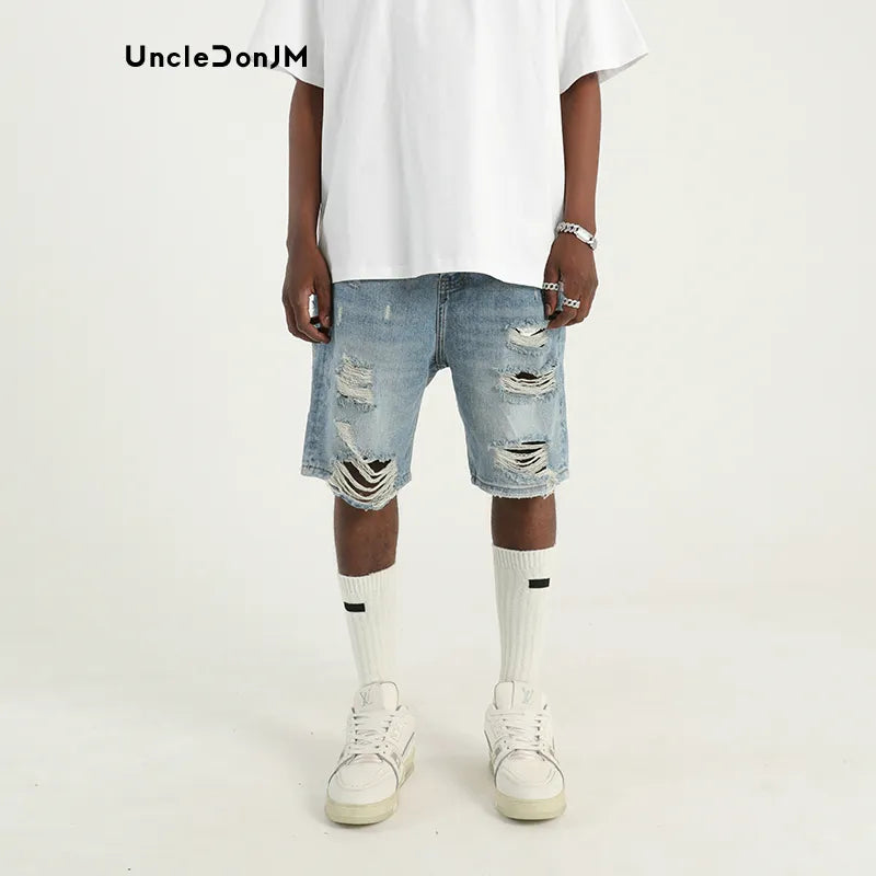 UncleDonJM Light Blue Ripped Baggy Denim Shorts