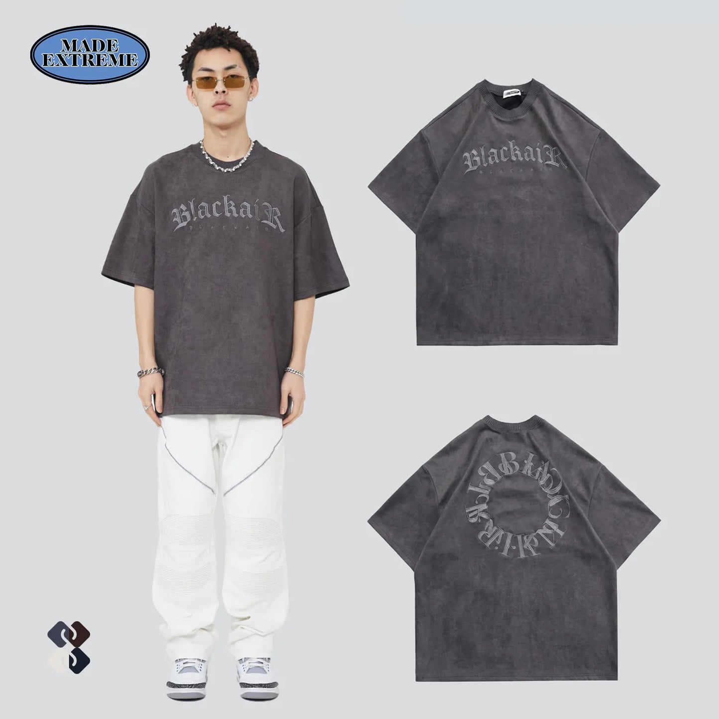 BLACKAIR Embroidery Suede Oversized T-Shirt