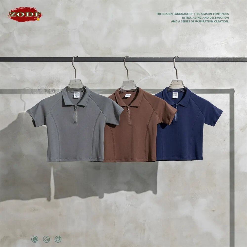 ZODF Polo Collar Half Zipper Raglan Sleeve Tee