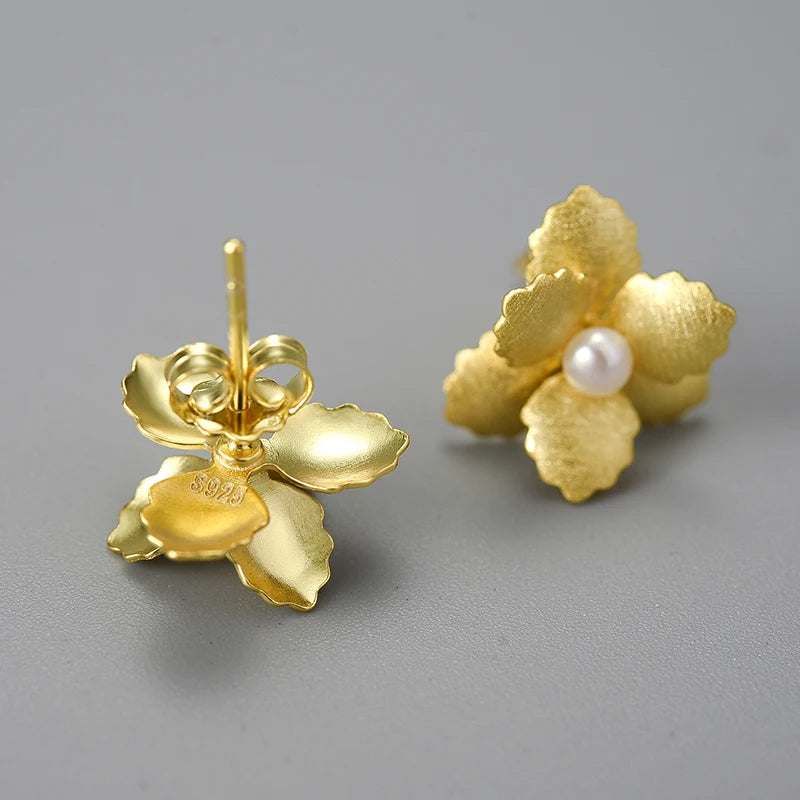 Natural Pearl Delicate Begonia Flower Stud Earrings