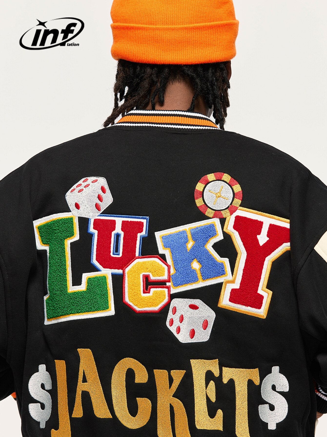INFLATION Poker Embroidered Oversize Fleece Varsity Jacket