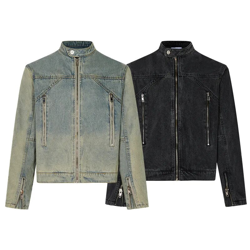 MADE EXTREME Washed Multi-zipper Stand Collar Denim Jacket
