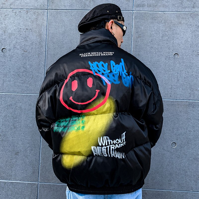 Happy Graffiti Print Windbreaker Padded Jacket