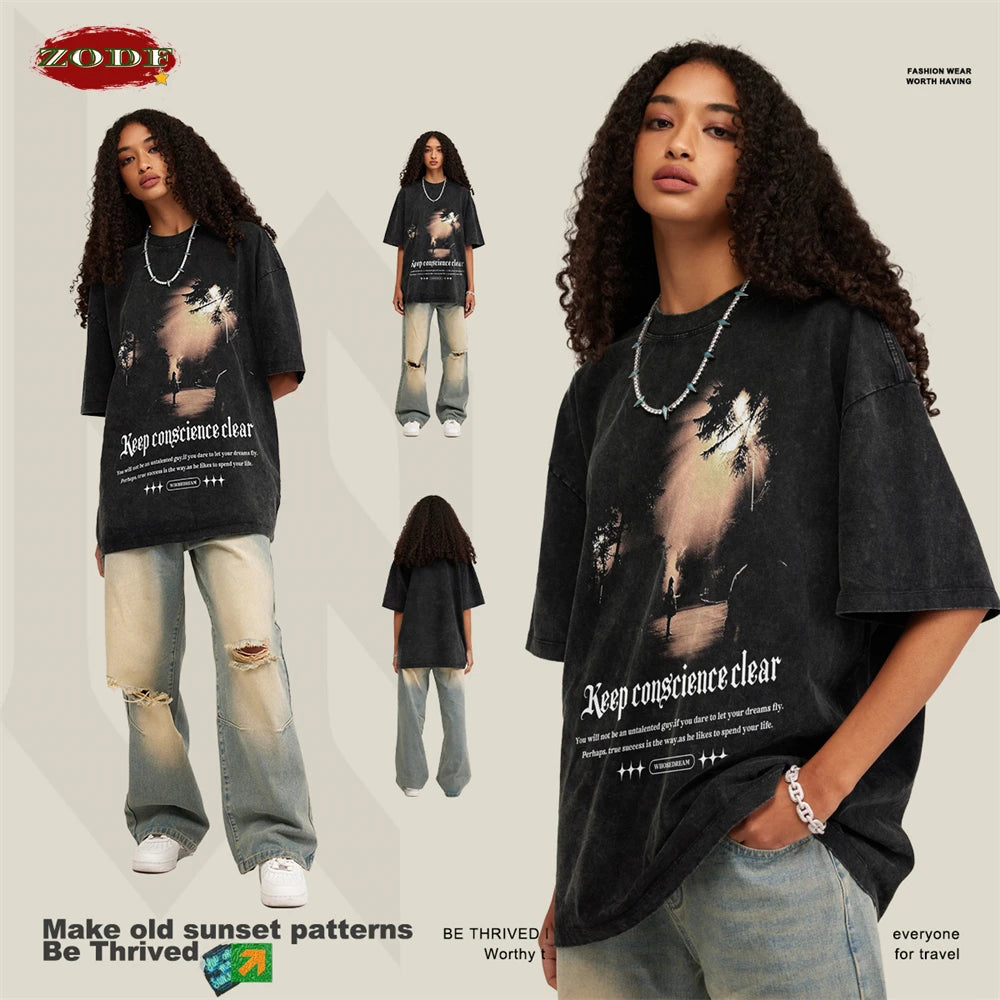 ZODF Washed Graphic Retro Oversized T-shirt