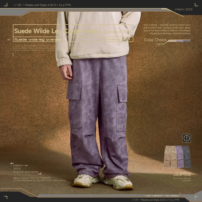 INFLATION Retro Washed Suede Wide Leg Cargo Pants