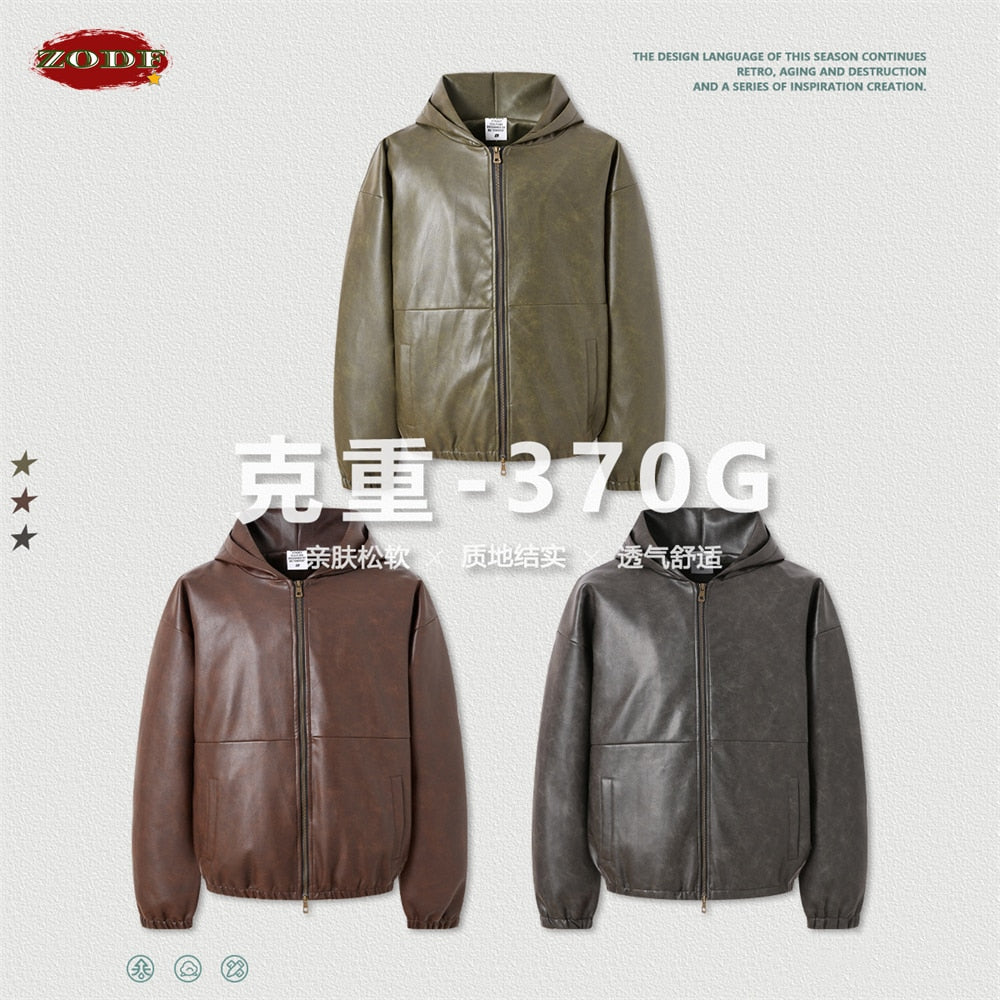 ZODF Loose Oversized High Street Cotton Padded Hooded Zipper PU Leather Jackets