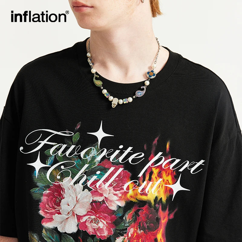 220gsm Flame Floral Printed Graphic Black T-shirt