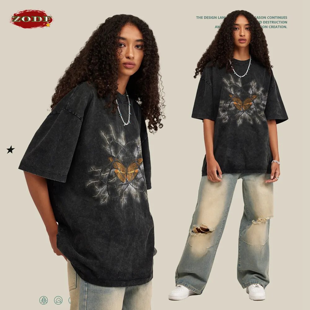 ZODF Butterfly Graphic Washed Cotton Oversized T-Shirt