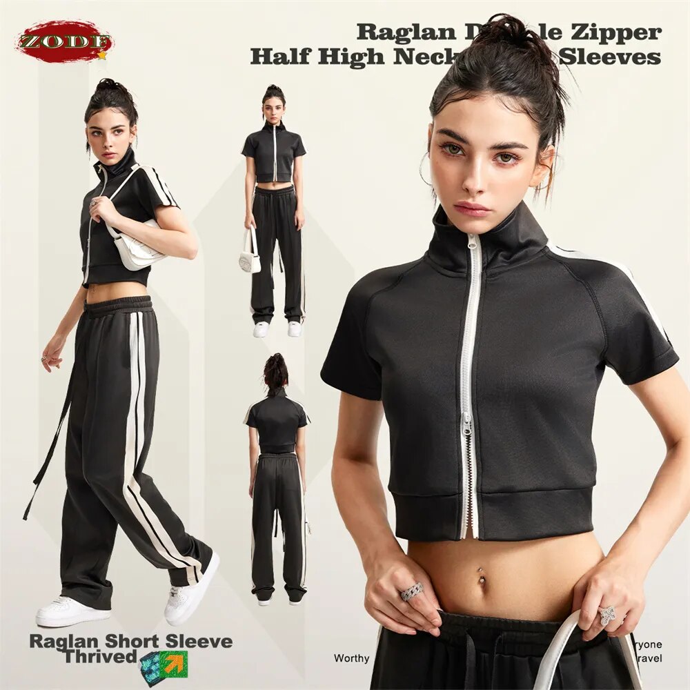 ZODF Turtleneck Double Zipper Short Sleeve Crop Jacket