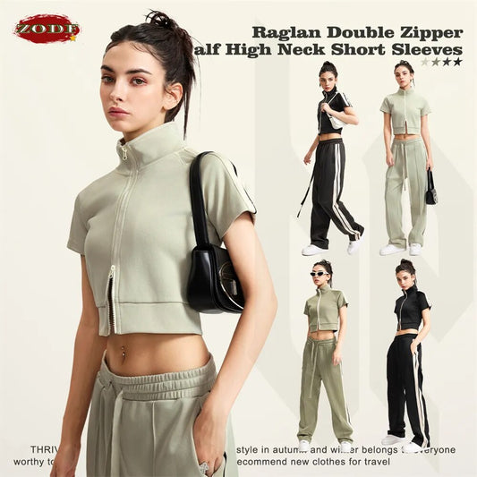 ZODF Turtleneck Double Zipper Short Sleeve Crop Jacket