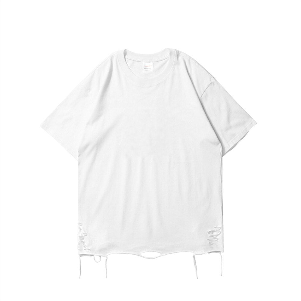 VANCARHELL Blank Hollow Short Sleeve Solid Perforated Round Neck T-shirt