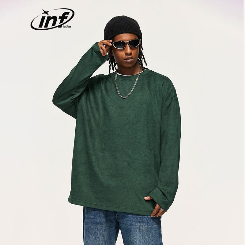 INFLATION Solid Color Suede Fabric Long Sleeve Round Neck Oversized T-shirt