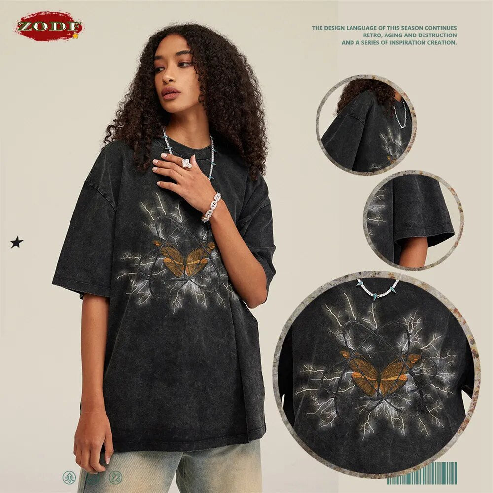 ZODF Butterfly Graphic Washed Cotton Oversized T-Shirt
