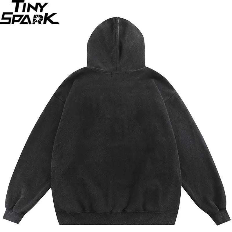 Face Shadow Graphic Retro Washed Black Oversize Hoodie