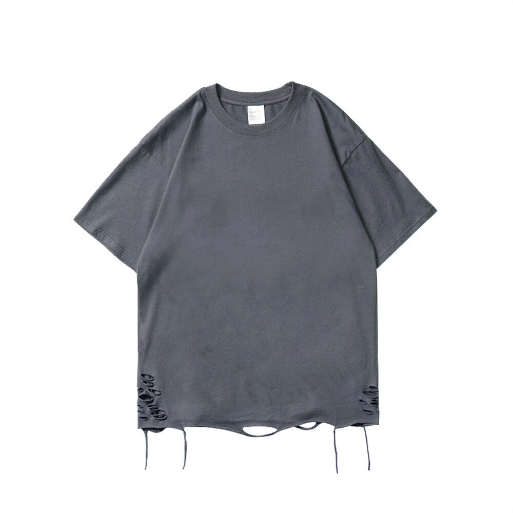 VANCARHELL Blank Hollow Short Sleeve Solid Perforated Round Neck T-shirt