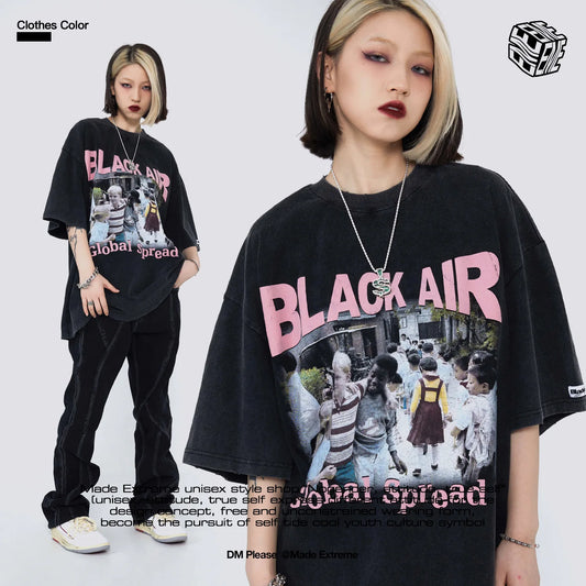 BLACKAIR Summer Character Print Distressed Retro T-shirt