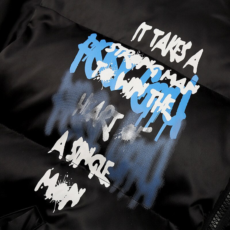 Happy Graffiti Print Windbreaker Padded Jacket