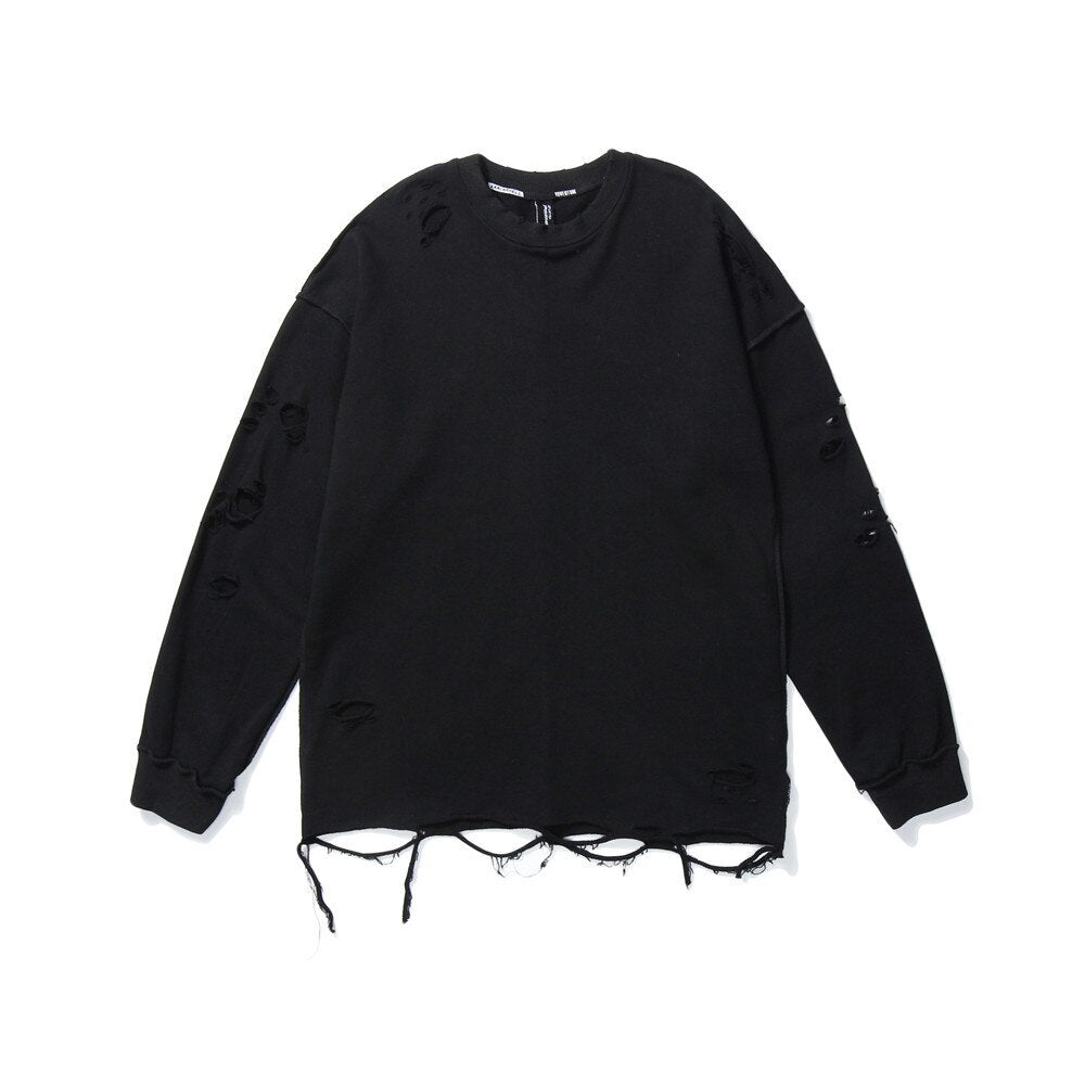 Solid Color Ripped Loose Round Neck Sweatshirt