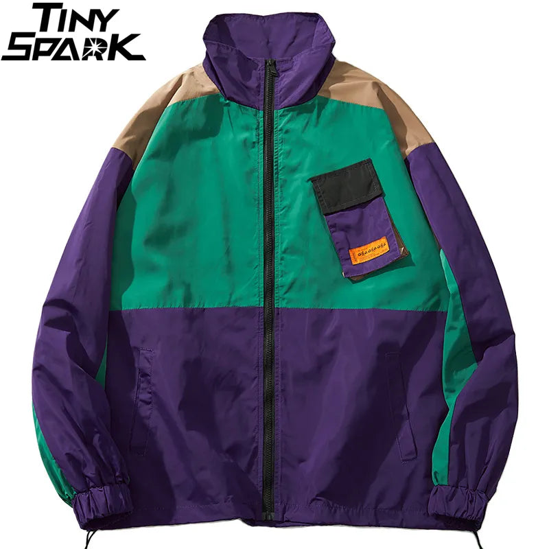 Retro Color Block Patchwork Oversized Windbreaker Jacket