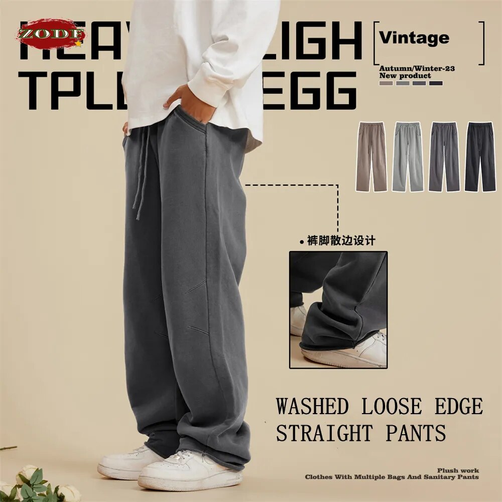 ZODF Washed Cotton Oversized Loose Edge Straight Knitted Trousers