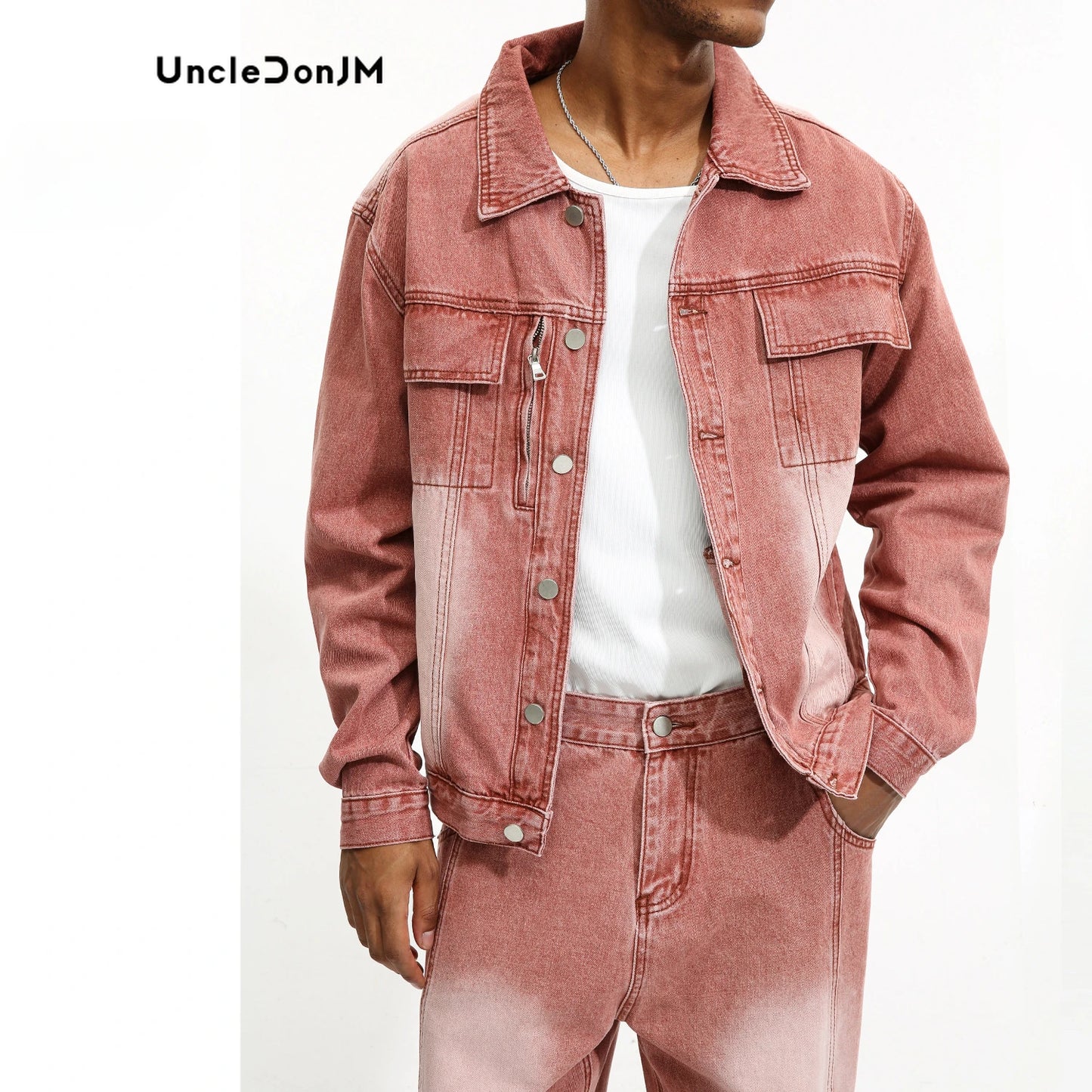 Retro Brick Red Denim Jacket And Denim Jeans Set