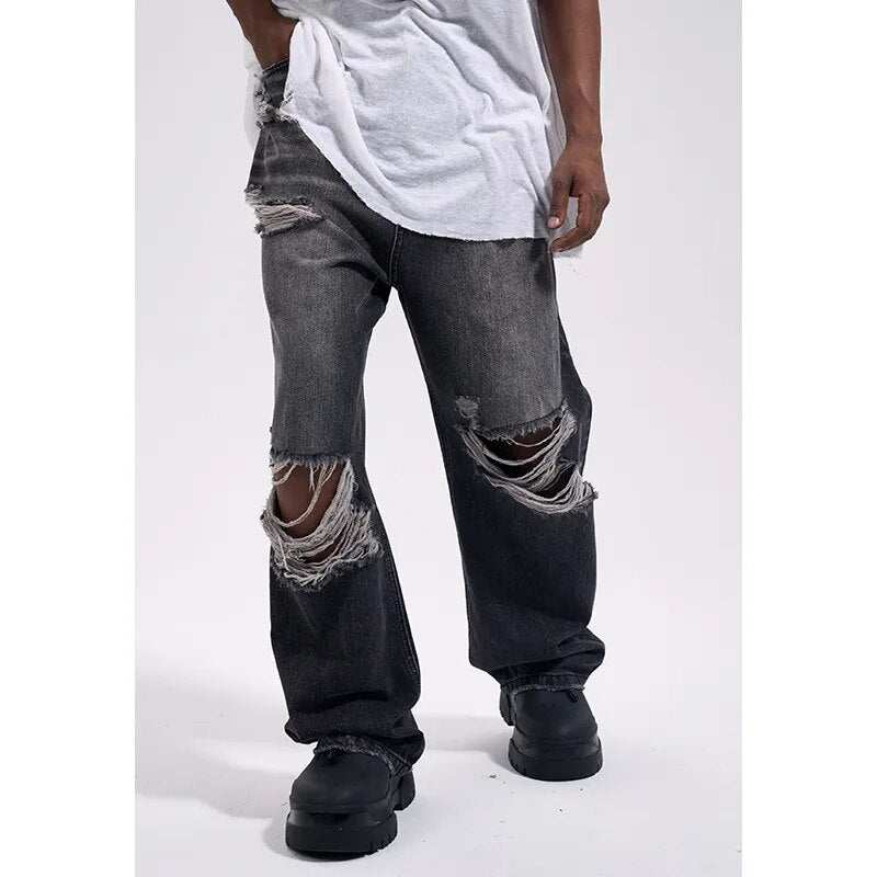 Knee ripped jeans distressed wide leg baggy denim jeans