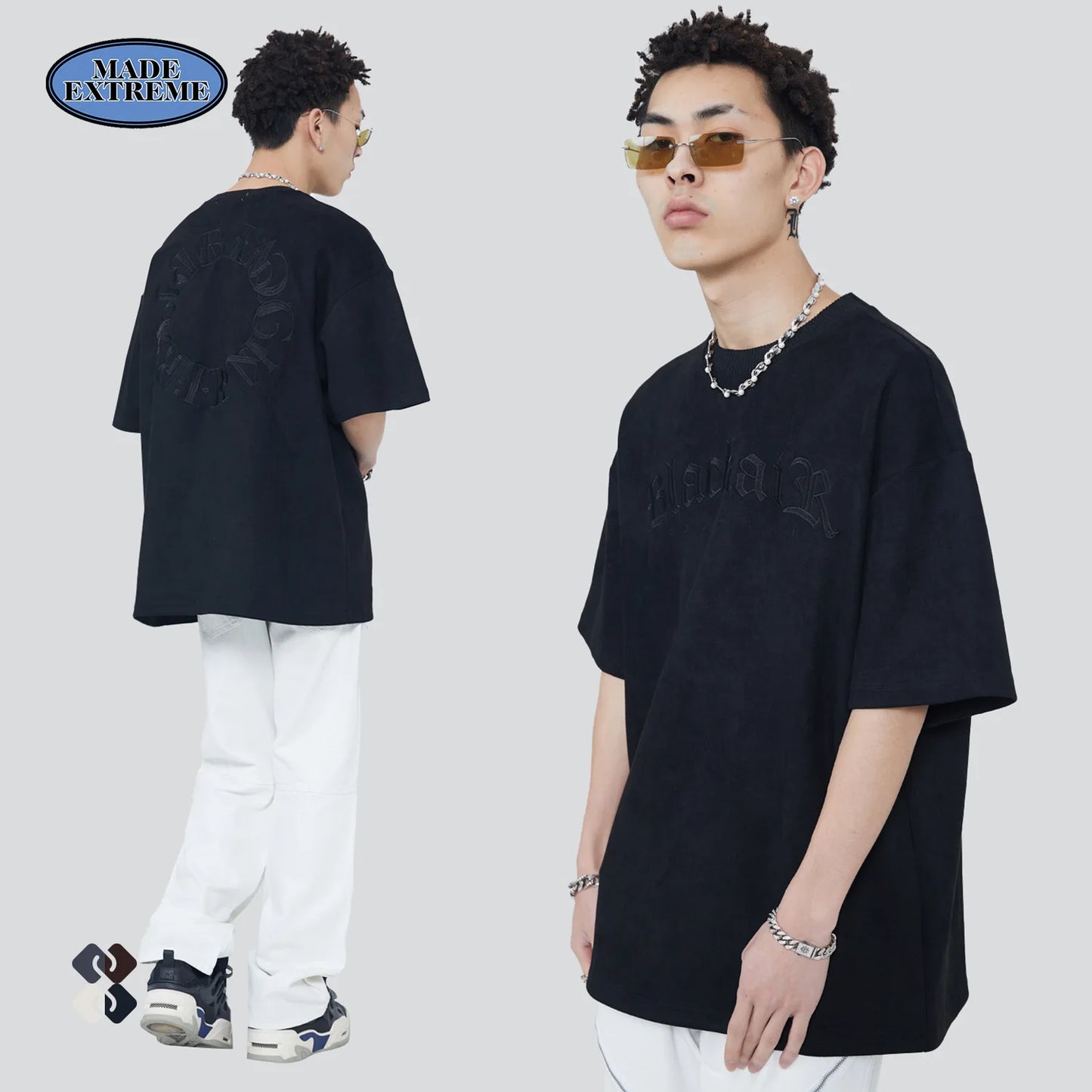 BLACKAIR Embroidery Suede Oversized T-Shirt