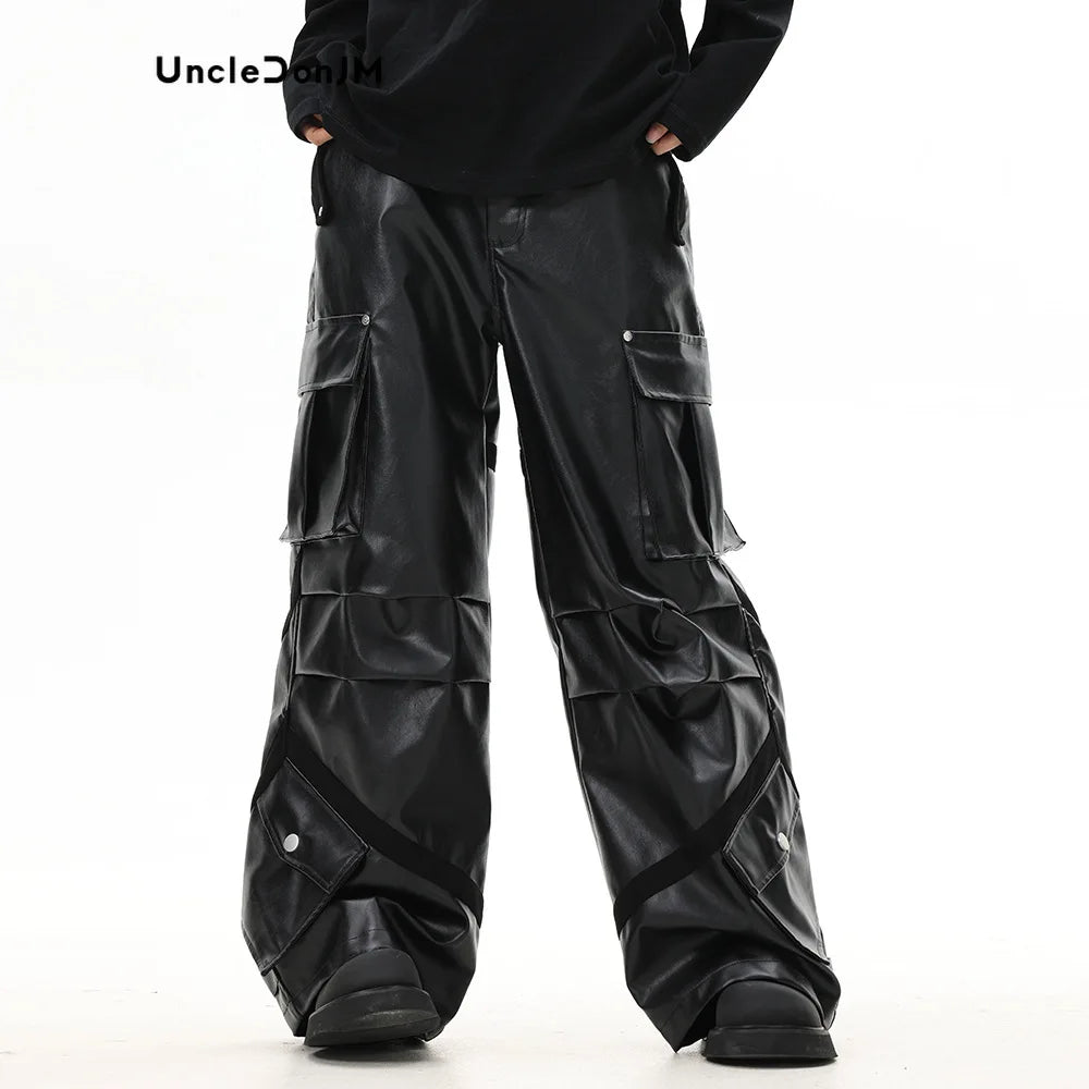 UNCLEDONJM Thickened High Street Pleated Baggy Leather Pants