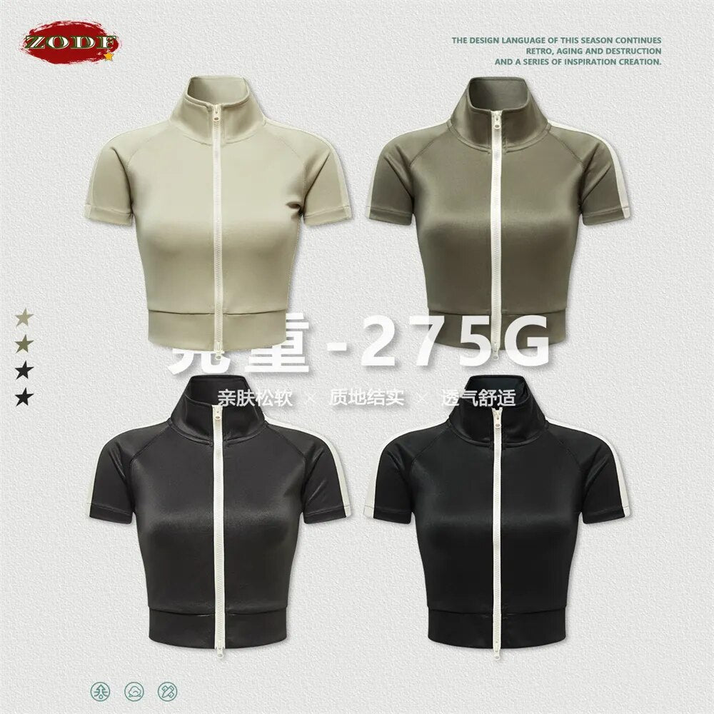 ZODF Turtleneck Double Zipper Short Sleeve Crop Jacket