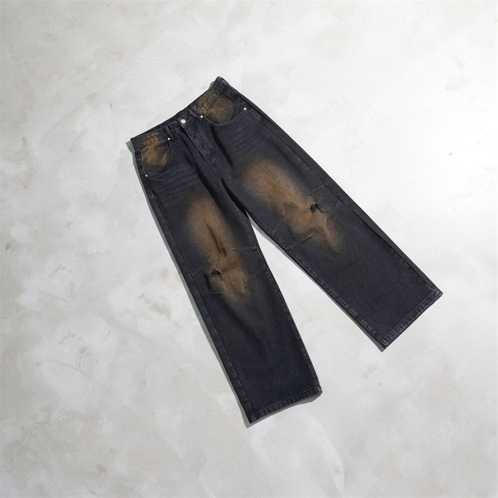 Monkey Washed Straight Ripped Distressed Jeans