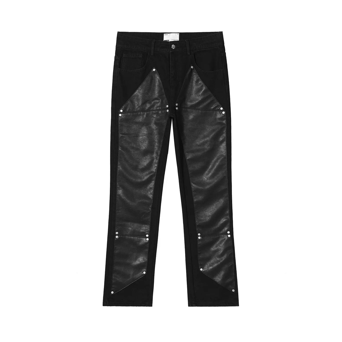 R69 Black PU leather stitching jeans