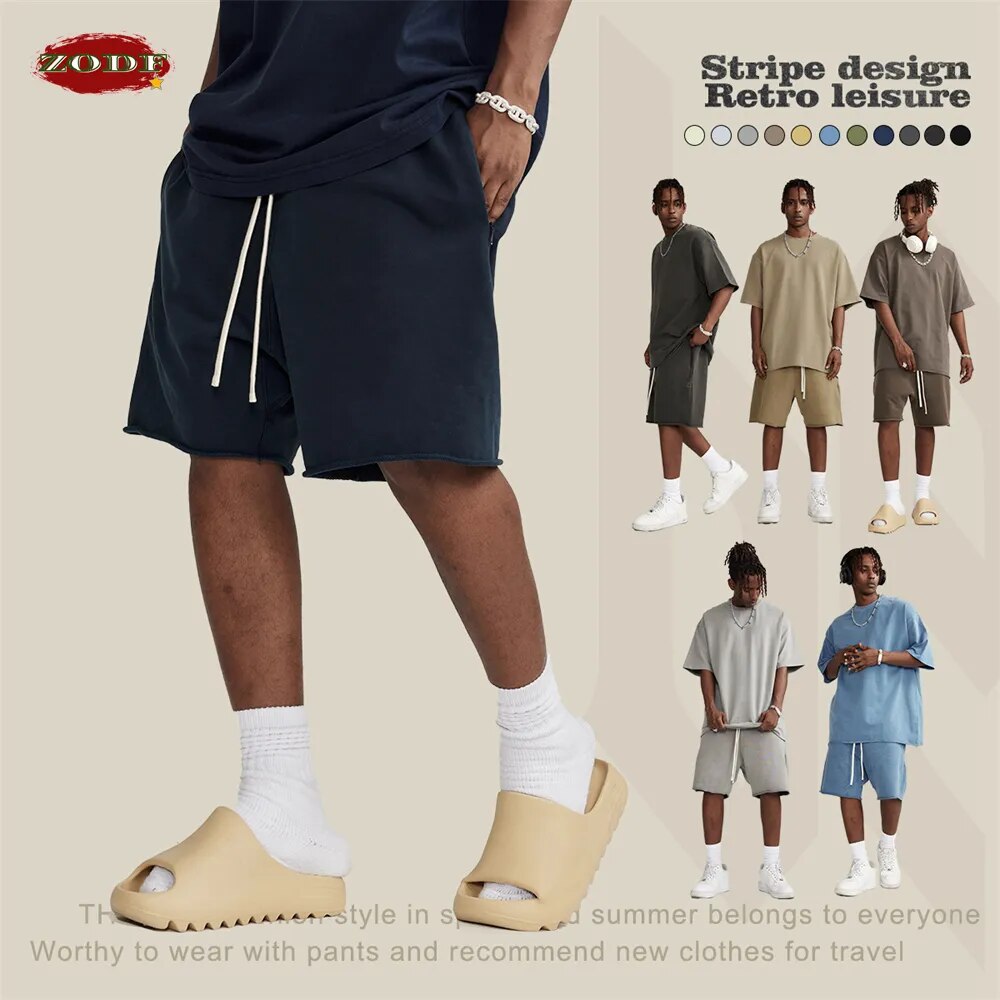 ZODF Retro Style Drawstring Loose Edge Knee Length Solid Cotton Shorts