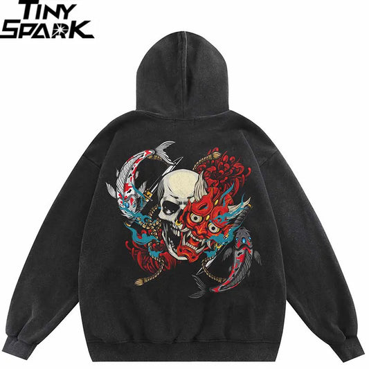 Oni Mask Skull Devil Graphic Oversized Hoodie