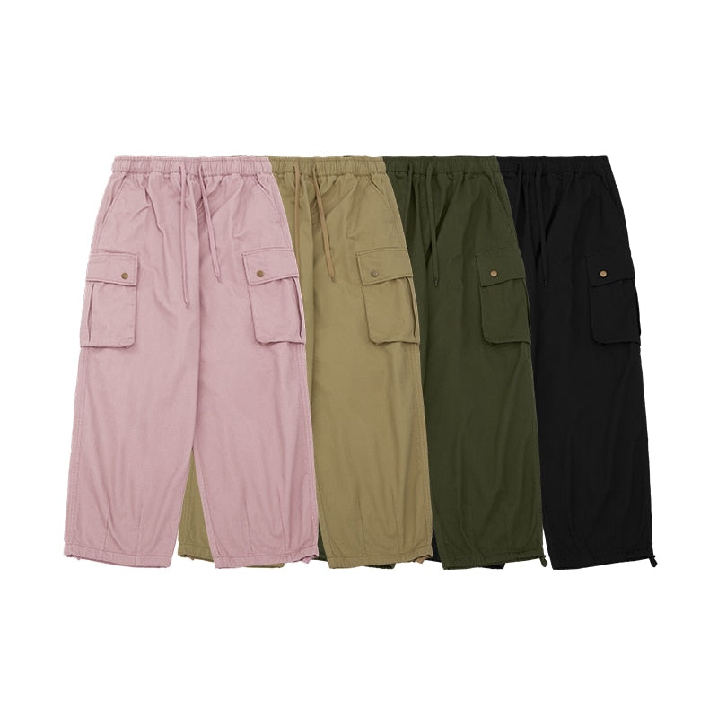 Block Pocket Parachute Drawstring Waist Cargo Pants