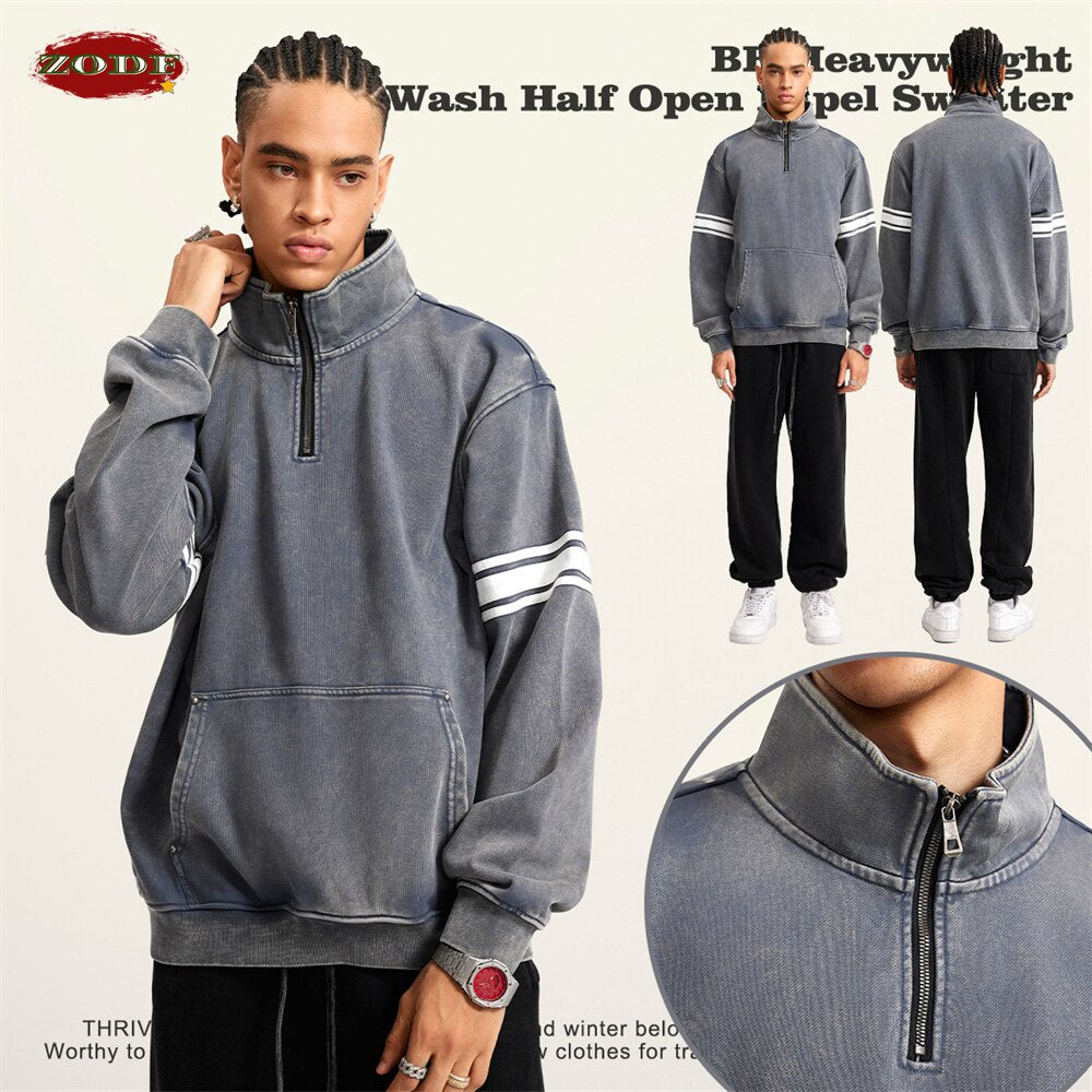 ZODF Loose Heavy Weight Half Zipper Stand Collar Washed Sweatshirt