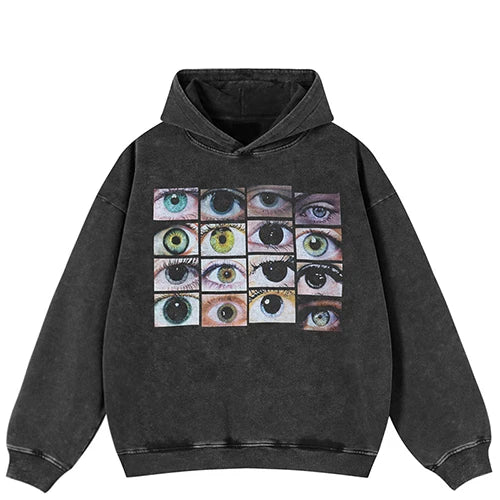 Washed Black Oversized Hoodie 'Eyes World' Graphic