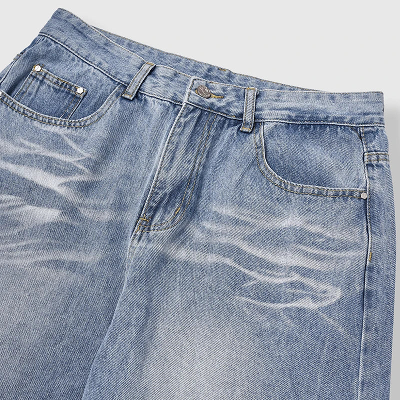 Ripple Washed Straight Leg Denim Jeans