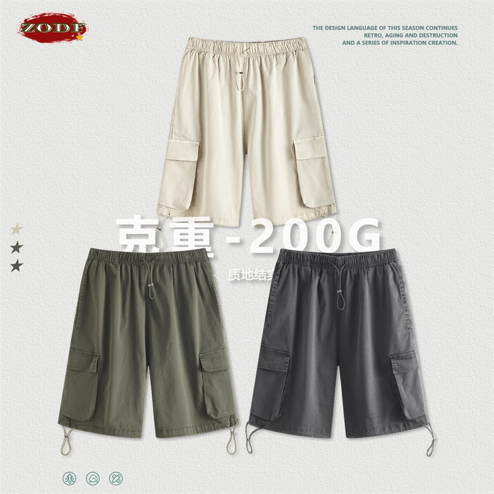 ZODF Washed Woven Adjustable Drawstring Cotton Solid Cargo Shorts
