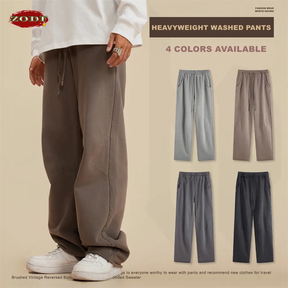 ZODF Washed Cotton Oversized Loose Edge Straight Knitted Trousers