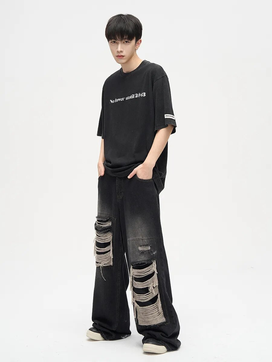 Patch Damaged Design Sense Ripped Wide Leg Jeans