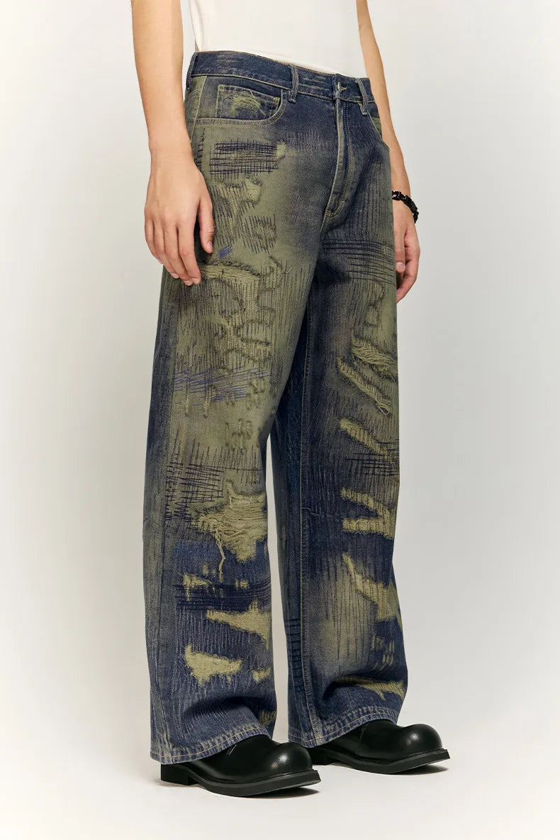 Water Ripped Digital Printing Jeans