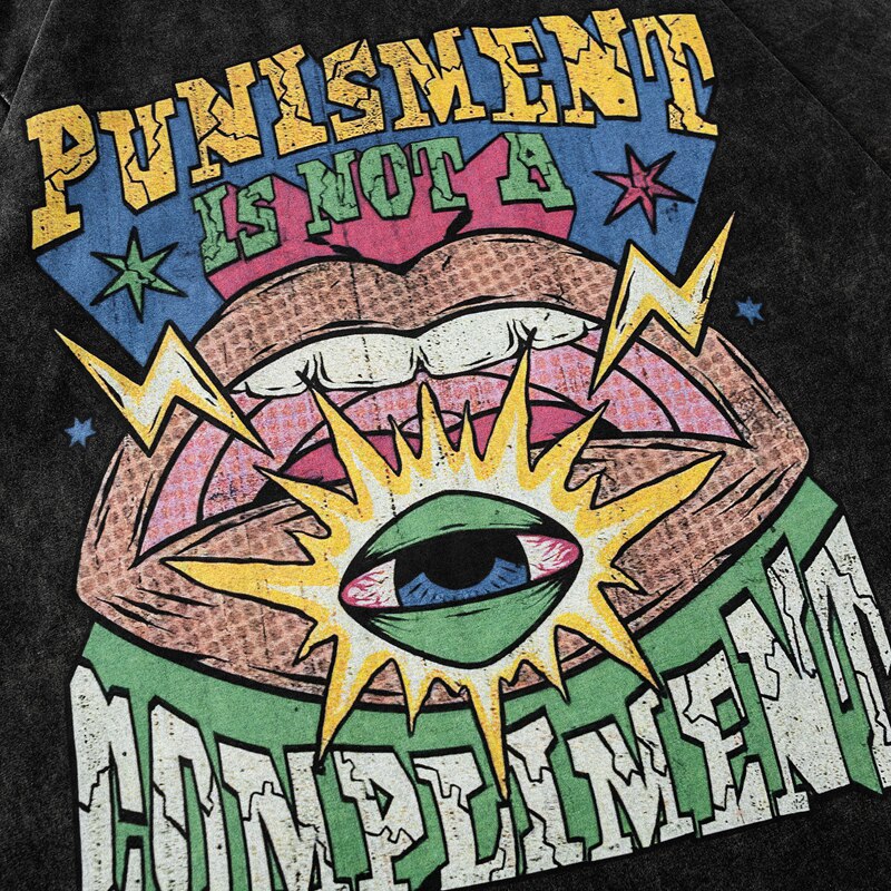 Washed Eye Graphic "Punishment Is Not A Compliment" Cotton T-Shirt