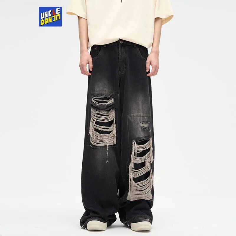 Patch Damaged Design Sense Ripped Wide Leg Jeans