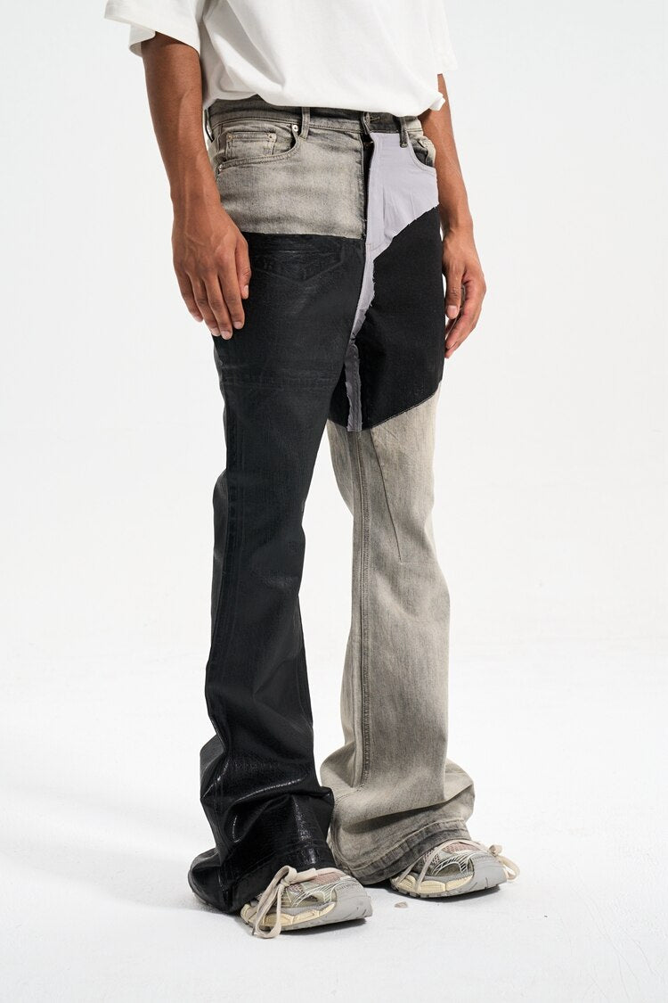 UncleDonJM Wax-coated Splicing Contrast Coating Distressed Flare Jeans