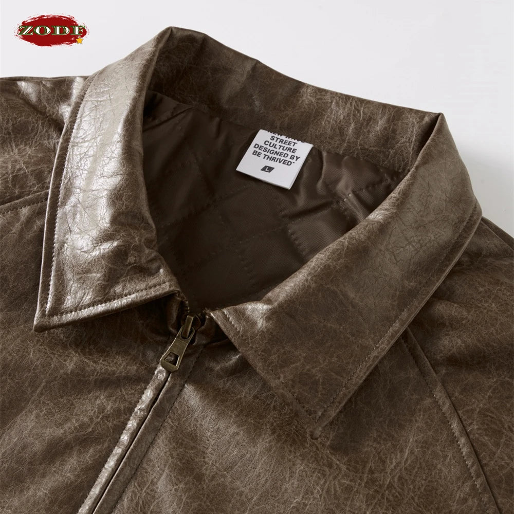 ZODF Batik Washed Retro Leather Jacket