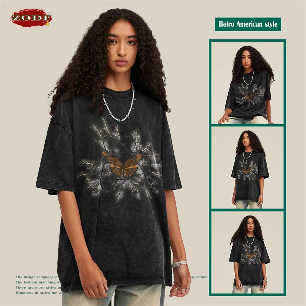 ZODF Butterfly Graphic Washed Cotton Oversized T-Shirt