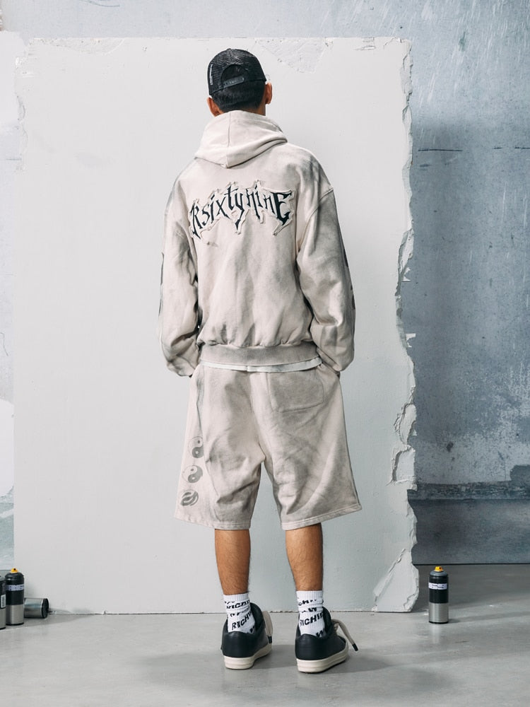 R69patch Embroidered Distressed Zip Up Hoodie