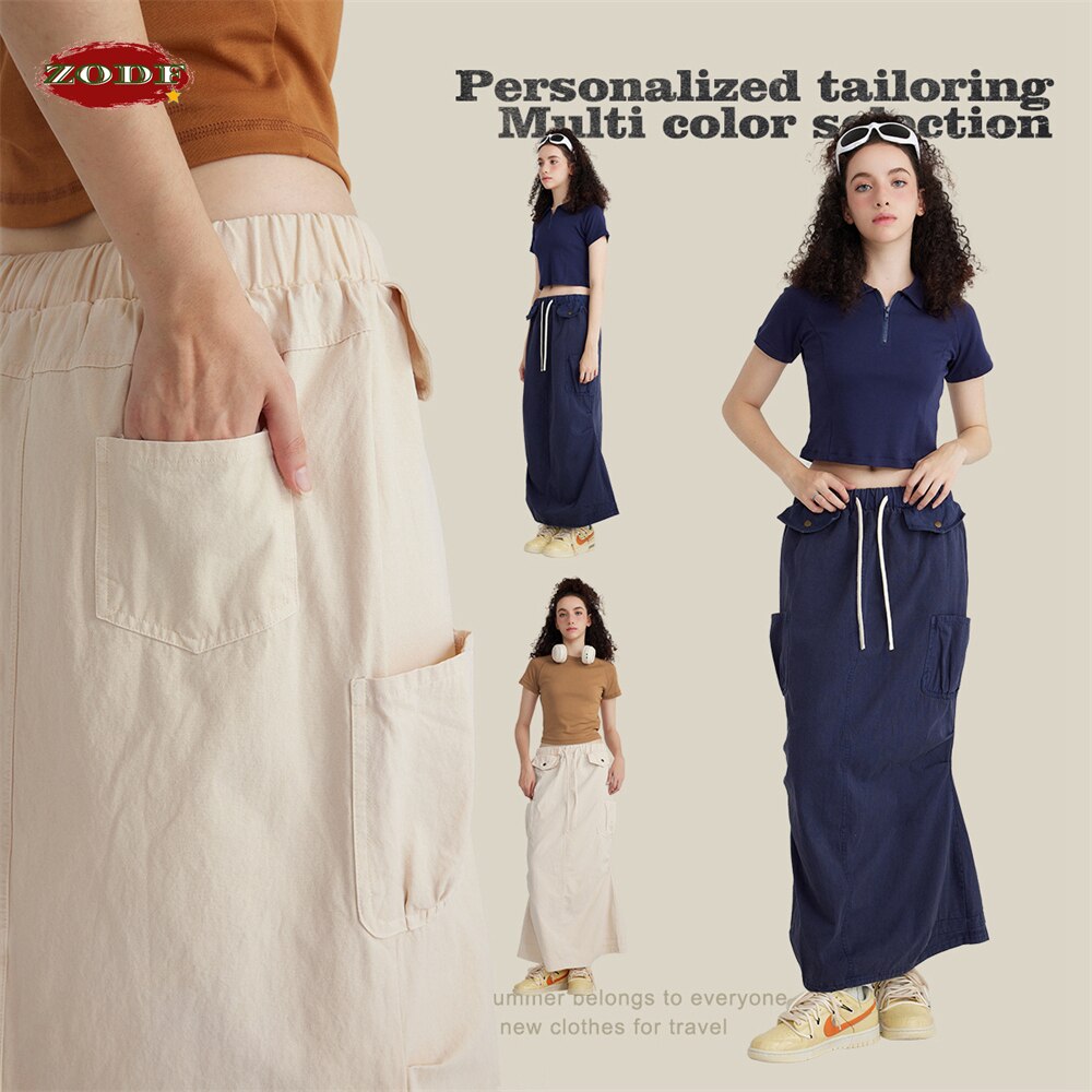 Washed Cotton Long Retro Multi-pockets Loose Skirt