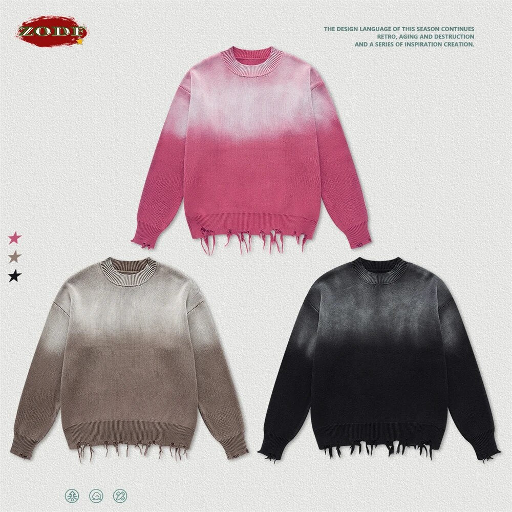 ZODF Washed Round Neck Gradient Knitted Sweater